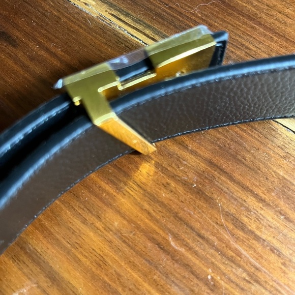 Tan Leather Belt with Gold Triangle Buckle. Medium to large main image 4